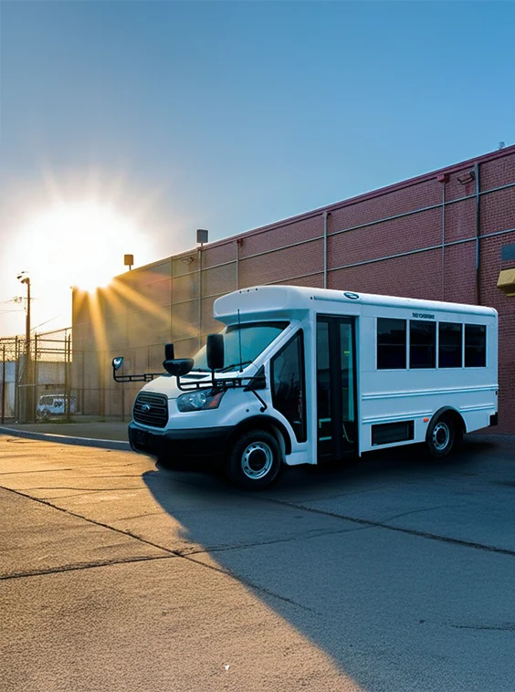 White shuttle bus parked next to a prison near Phoenix
